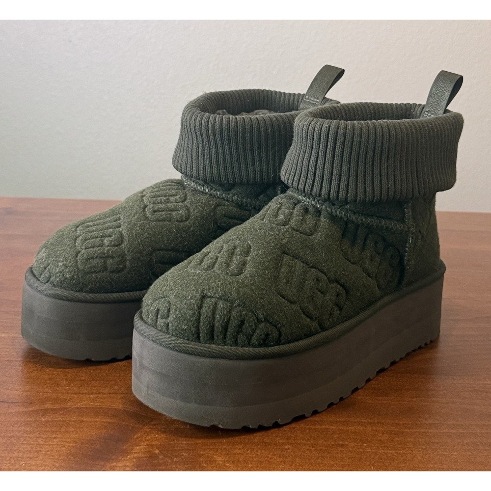 UGG CLASSIC MINI PLATFORM FELTED FOREST NIGHT SHEEPSKIN WOMEN'S BOOTS SIZE US 8